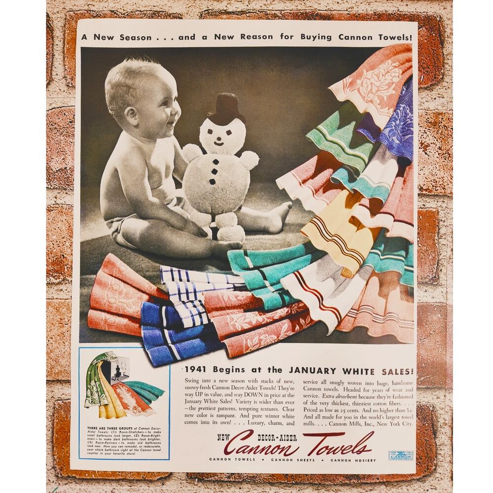 1941 Smiling Happy Baby Colorful Cannon Towels Jan White Sale Print Ad Vintage